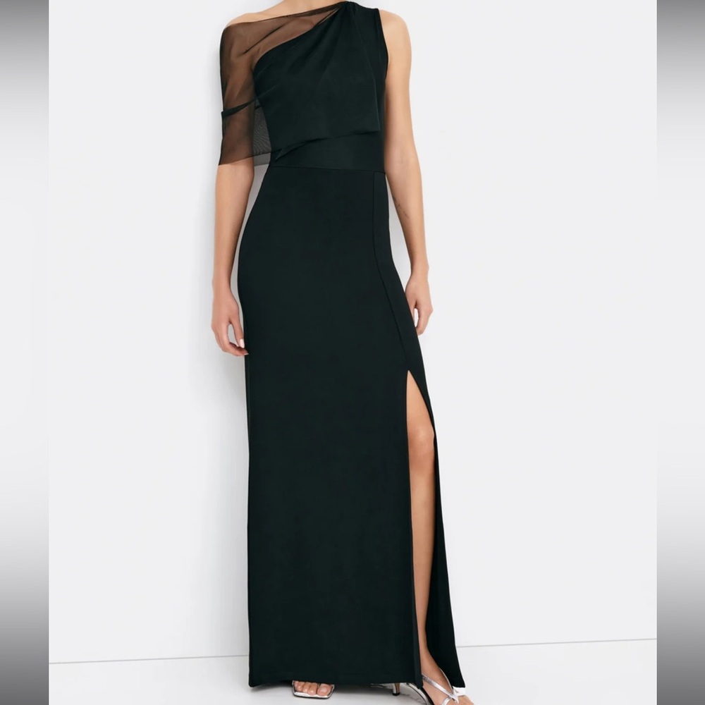 Marcella NYC Elegant Black One-Shoulder Draped Mesh Zinnia Gown
